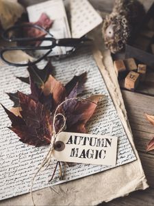 Preview wallpaper maple leaves, autumn, inscription, paper, text, aesthetics