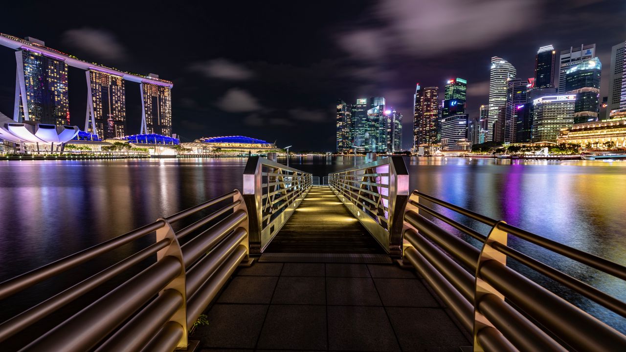 Wallpaper marina, night city, jetty, city lights, singapore