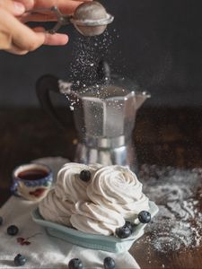 Preview wallpaper marshmallow, dessert, powdered sugar, tea, kettle, hands