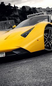 Preview wallpaper marussia, yellow, blue, city, front bumper