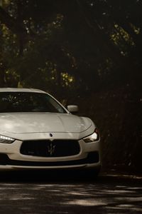 Preview wallpaper maserati ghibli, maserati, car, white, front view, road