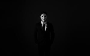 Preview wallpaper mask, anonymous, bw, tie, suit jacket, shirt