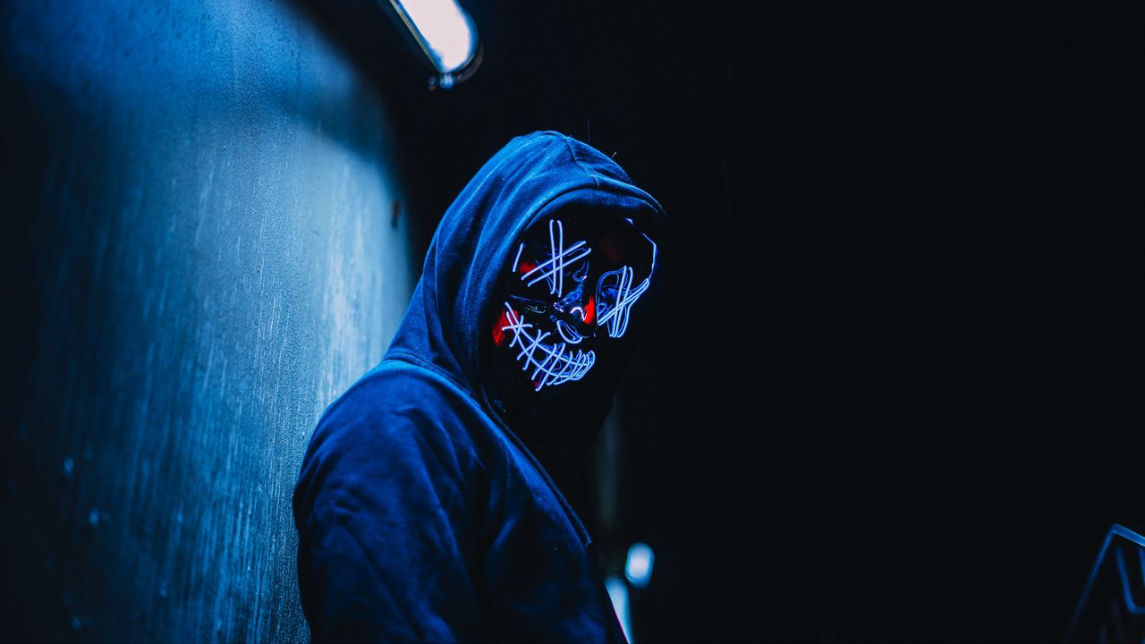 Wallpaper mask, anonymous, hood, glow, dark
