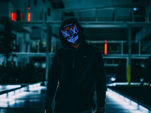 Preview wallpaper mask, anonymous, hood, darkness, neon, glow