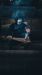 Preview wallpaper mask, anonymous, hood, fire