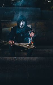 Preview wallpaper mask, anonymous, hood, fire