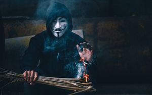 Preview wallpaper mask, anonymous, hood, fire