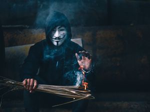 Preview wallpaper mask, anonymous, hood, fire