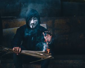 Preview wallpaper mask, anonymous, hood, fire