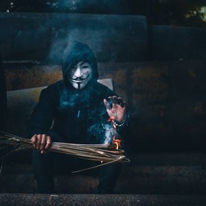 Preview wallpaper mask, anonymous, hood, fire