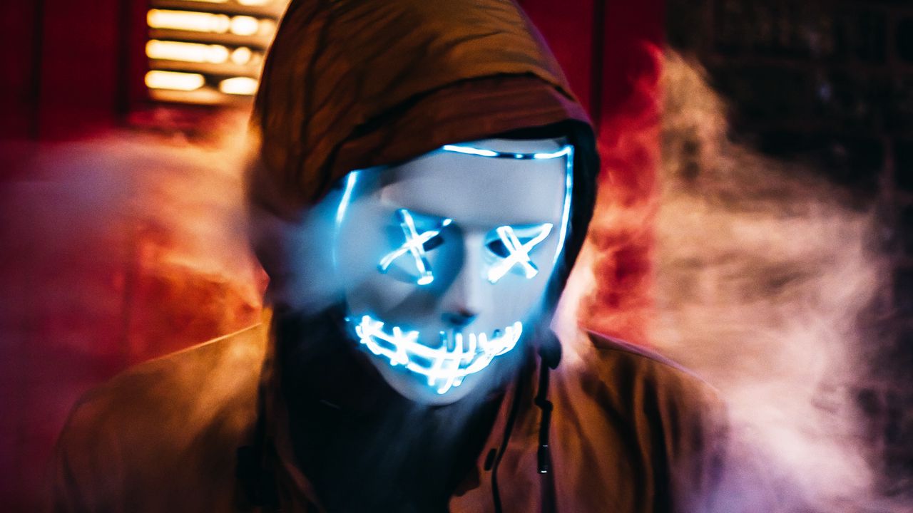Wallpaper mask, anonymous, neon, hood, smoke