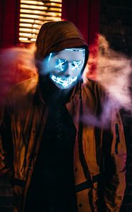 Preview wallpaper mask, anonymous, neon, hood, smoke