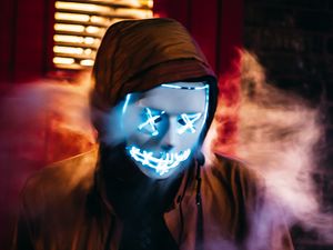 Preview wallpaper mask, anonymous, neon, hood, smoke