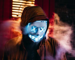 Preview wallpaper mask, anonymous, neon, hood, smoke