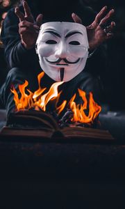 Preview wallpaper mask, bonfire, flame, hands, dark