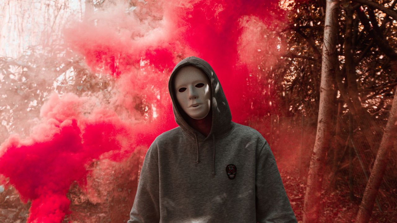 Wallpaper mask, colored smoke, anonymous, hood