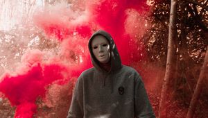 Preview wallpaper mask, colored smoke, anonymous, hood