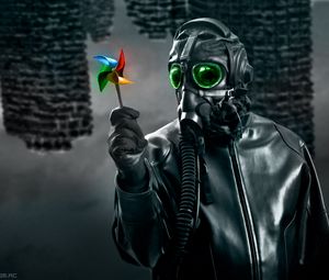 Preview wallpaper mask, gas mask, windmill, toy, dark, art