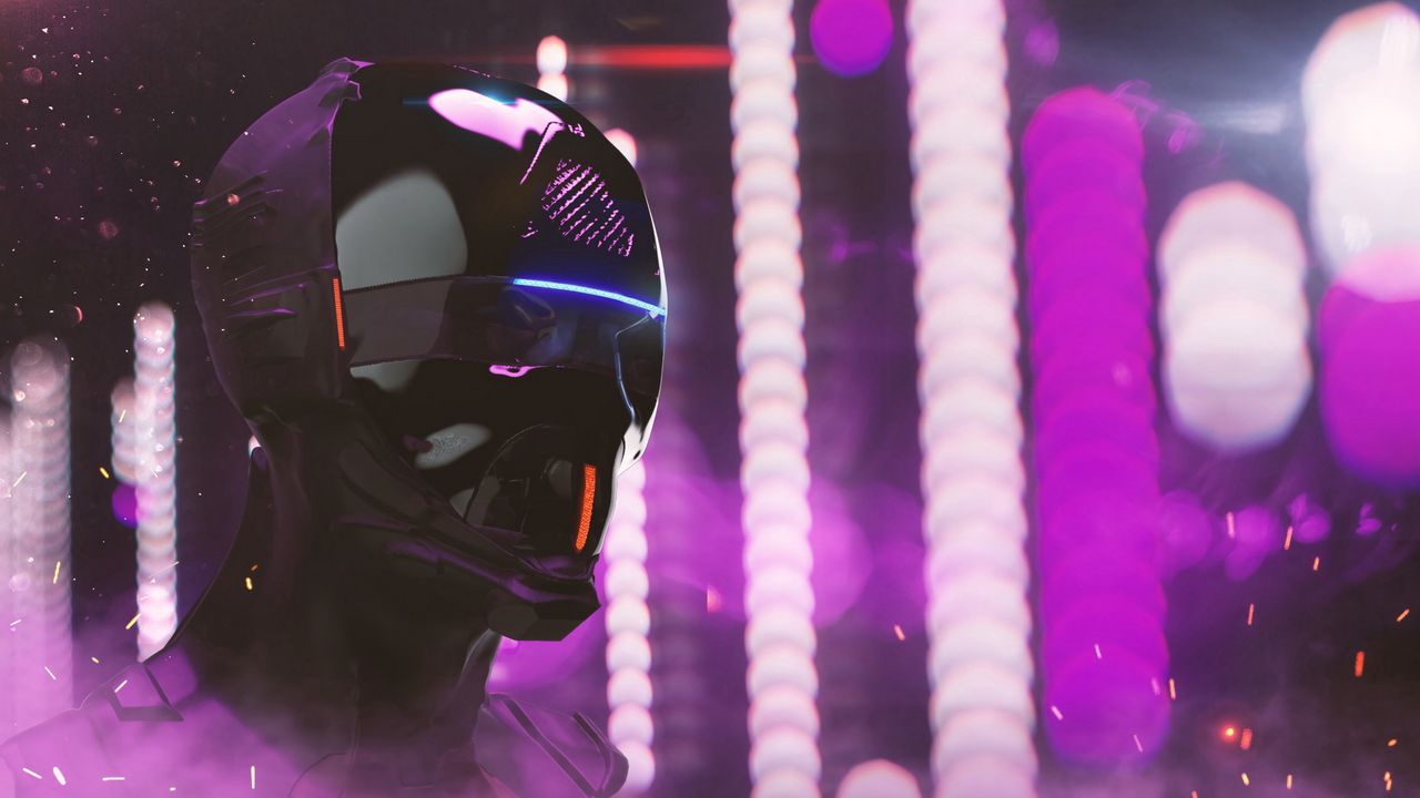 Wallpaper mask, helmet, cyberpunk, robot, neon, lights, head