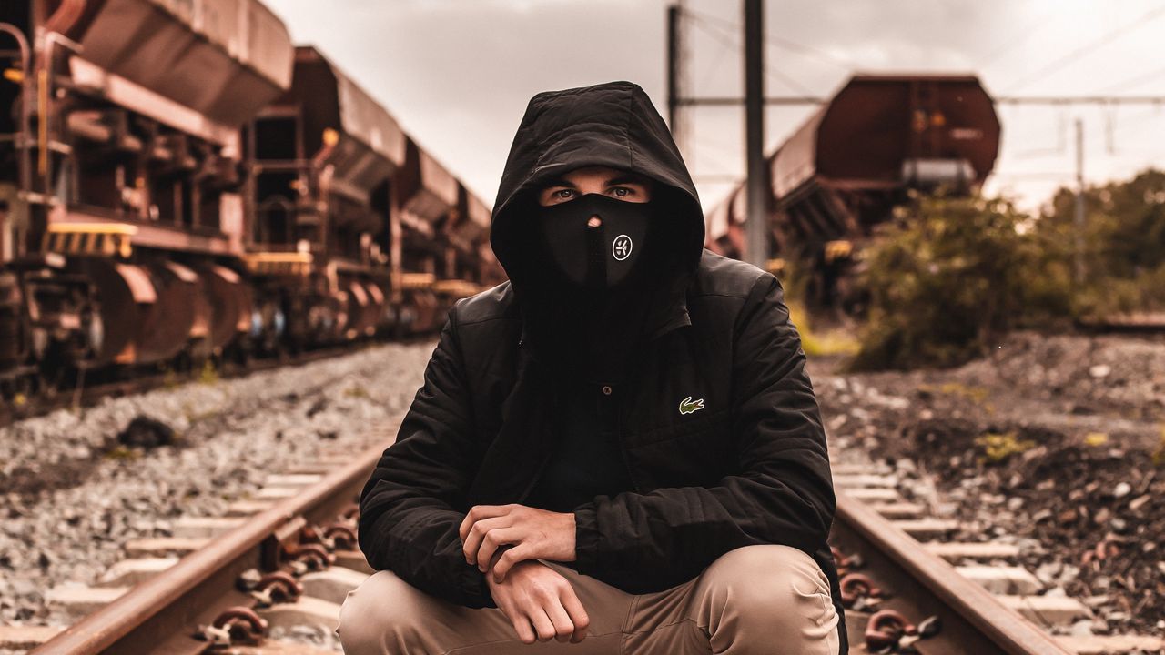 Wallpaper mask, hood, railroad, rails, man