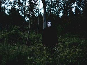 Preview wallpaper mask, man, forest, anonymous