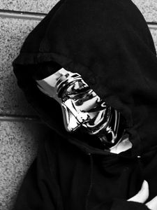 Preview wallpaper mask, metal, hood, man, bw