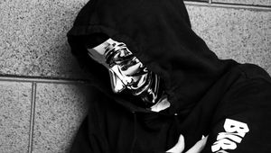 Preview wallpaper mask, metal, hood, man, bw