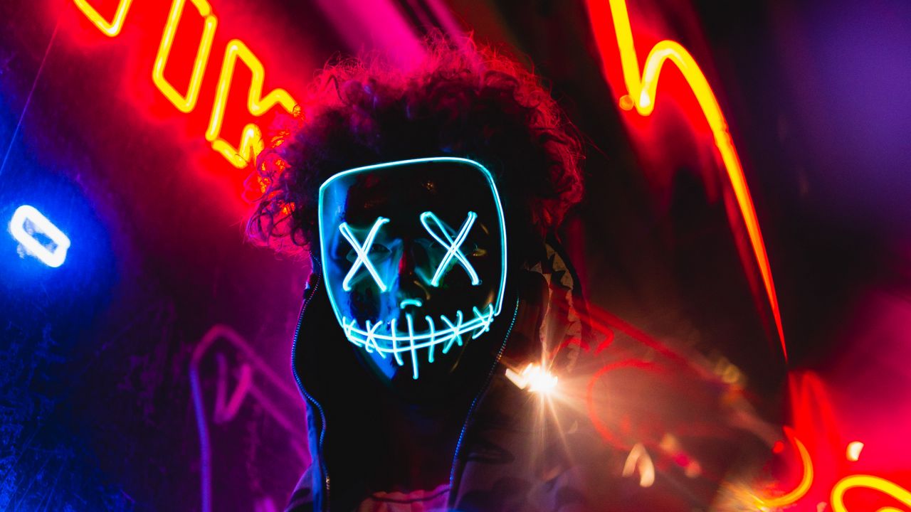 Wallpaper mask, neon, anonymous, light, man