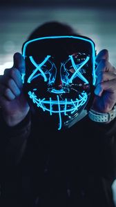 Preview wallpaper mask, neon, anonymous, hands