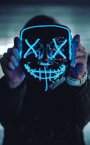 Preview wallpaper mask, neon, anonymous, hands