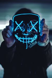 Preview wallpaper mask, neon, anonymous, hands