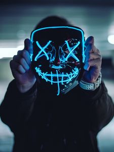 Preview wallpaper mask, neon, anonymous, hands