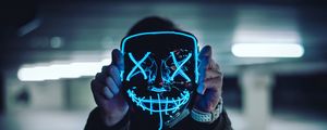 Preview wallpaper mask, neon, anonymous, hands