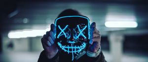 Preview wallpaper mask, neon, anonymous, hands