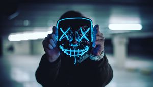 Preview wallpaper mask, neon, anonymous, hands