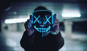 Preview wallpaper mask, neon, anonymous, hands