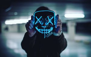 Preview wallpaper mask, neon, anonymous, hands