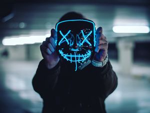 Preview wallpaper mask, neon, anonymous, hands