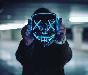 Preview wallpaper mask, neon, anonymous, hands