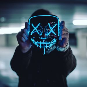 Preview wallpaper mask, neon, anonymous, hands