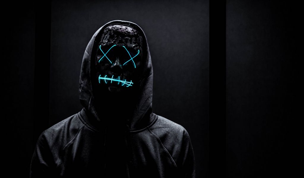 1024x600 Wallpaper mask, neon, anonymous, black