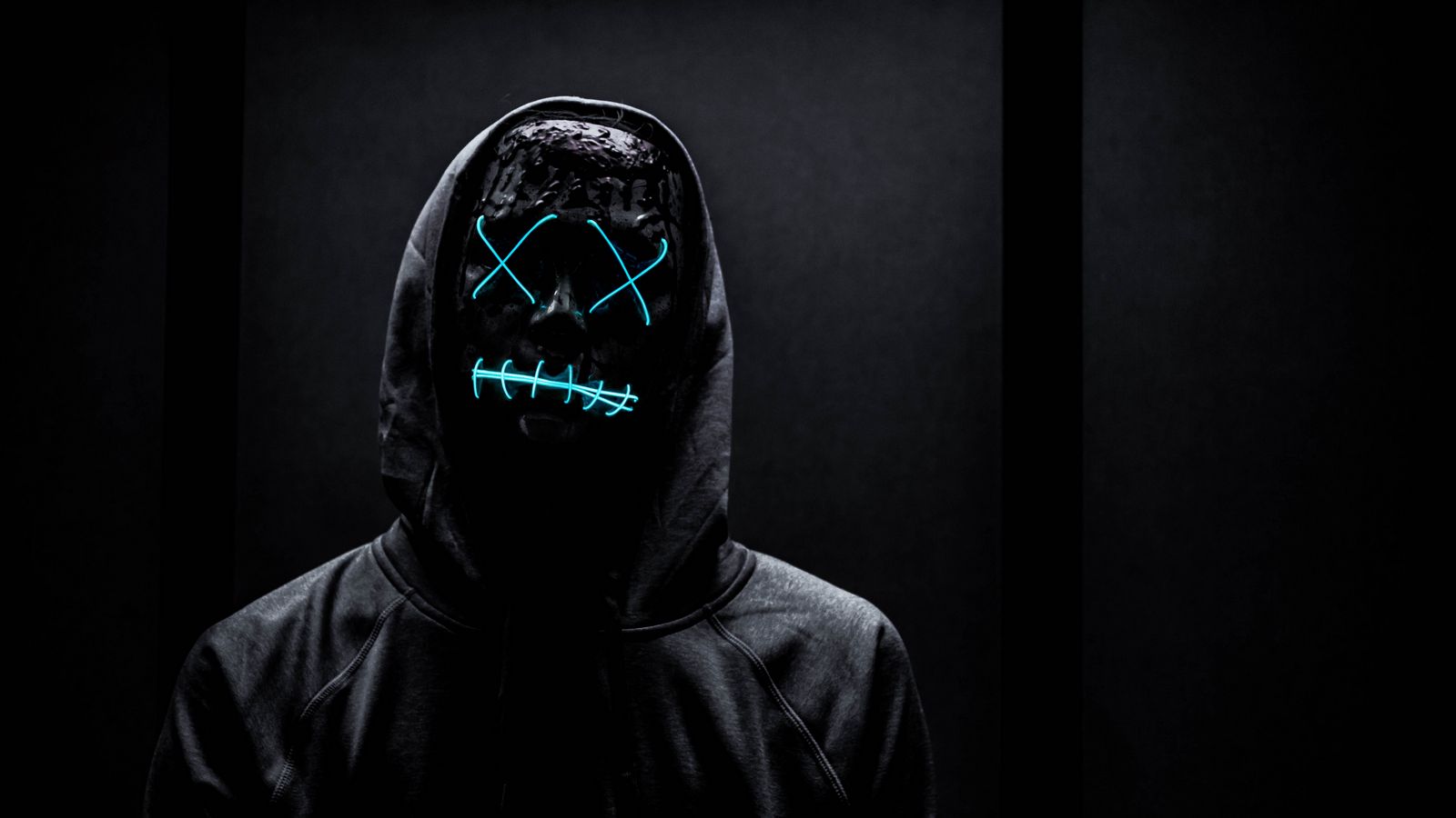 1600x900 Wallpaper mask, neon, anonymous, black