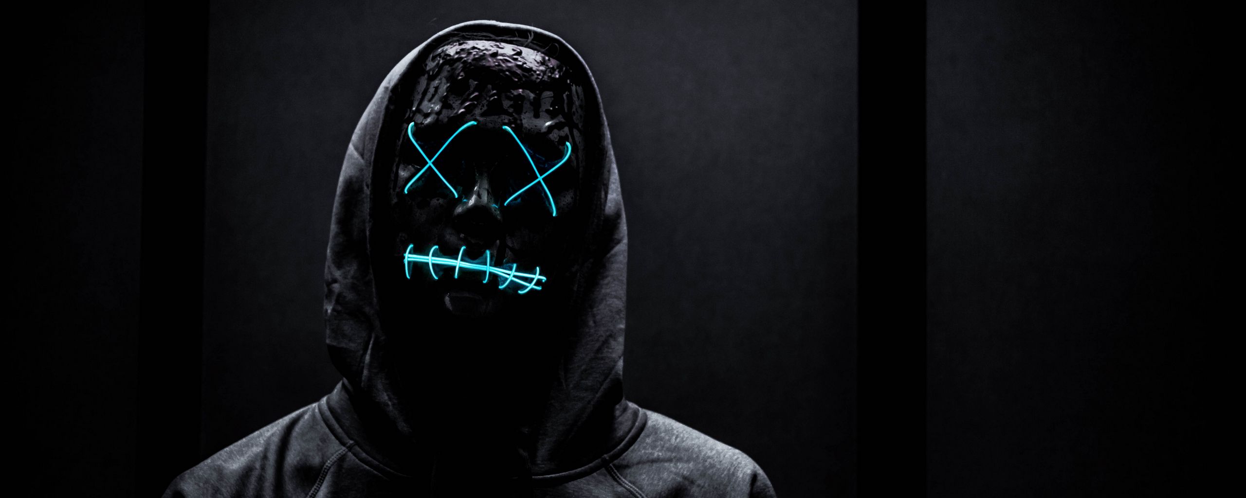 2560x1024 Wallpaper mask, neon, anonymous, black