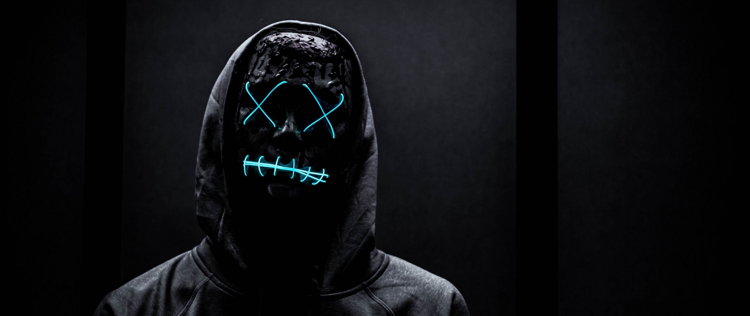 2560x1080 Wallpaper mask, neon, anonymous, black