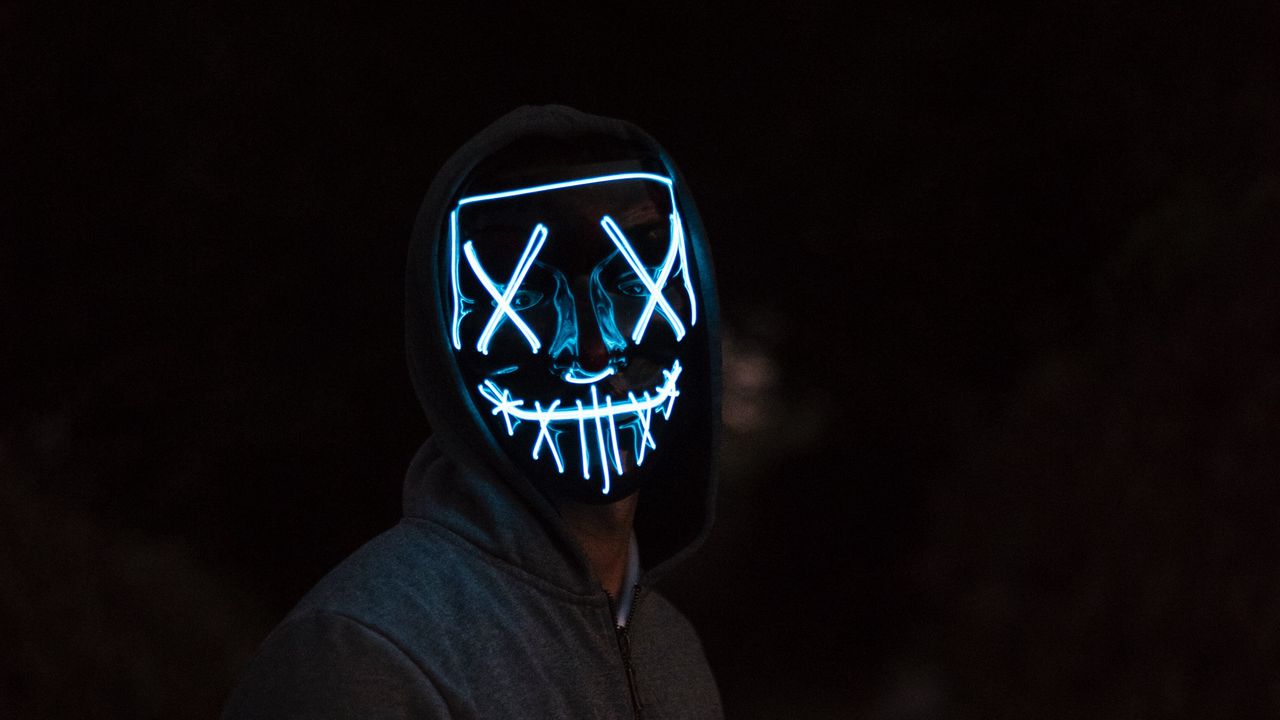 Wallpaper mask, neon, man, hoody, dark