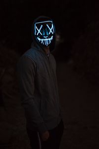 Preview wallpaper mask, neon, man, hoody, dark