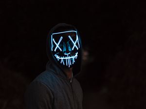 Preview wallpaper mask, neon, man, hoody, dark