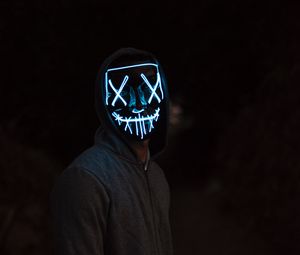 Preview wallpaper mask, neon, man, hoody, dark