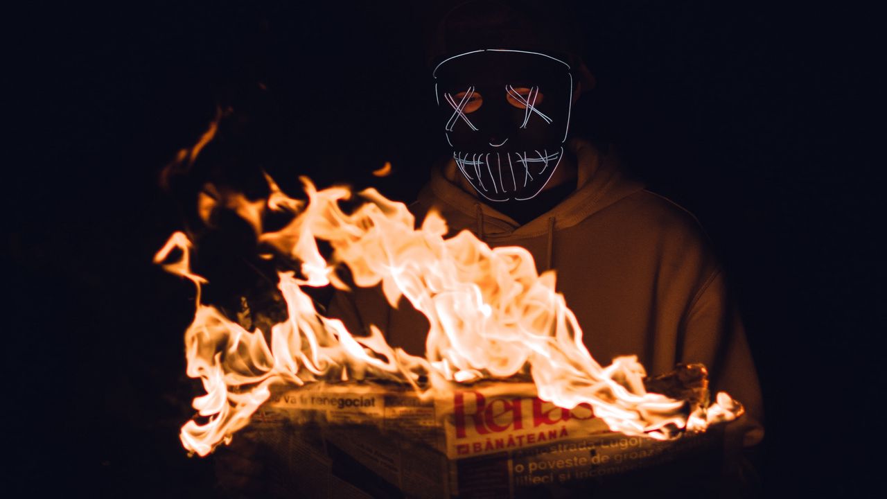 Wallpaper mask, newspaper, fire, man, dark