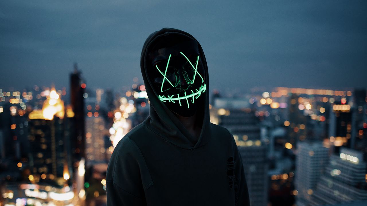 Wallpaper mask, silhouette, anonymous, hood, light, dark